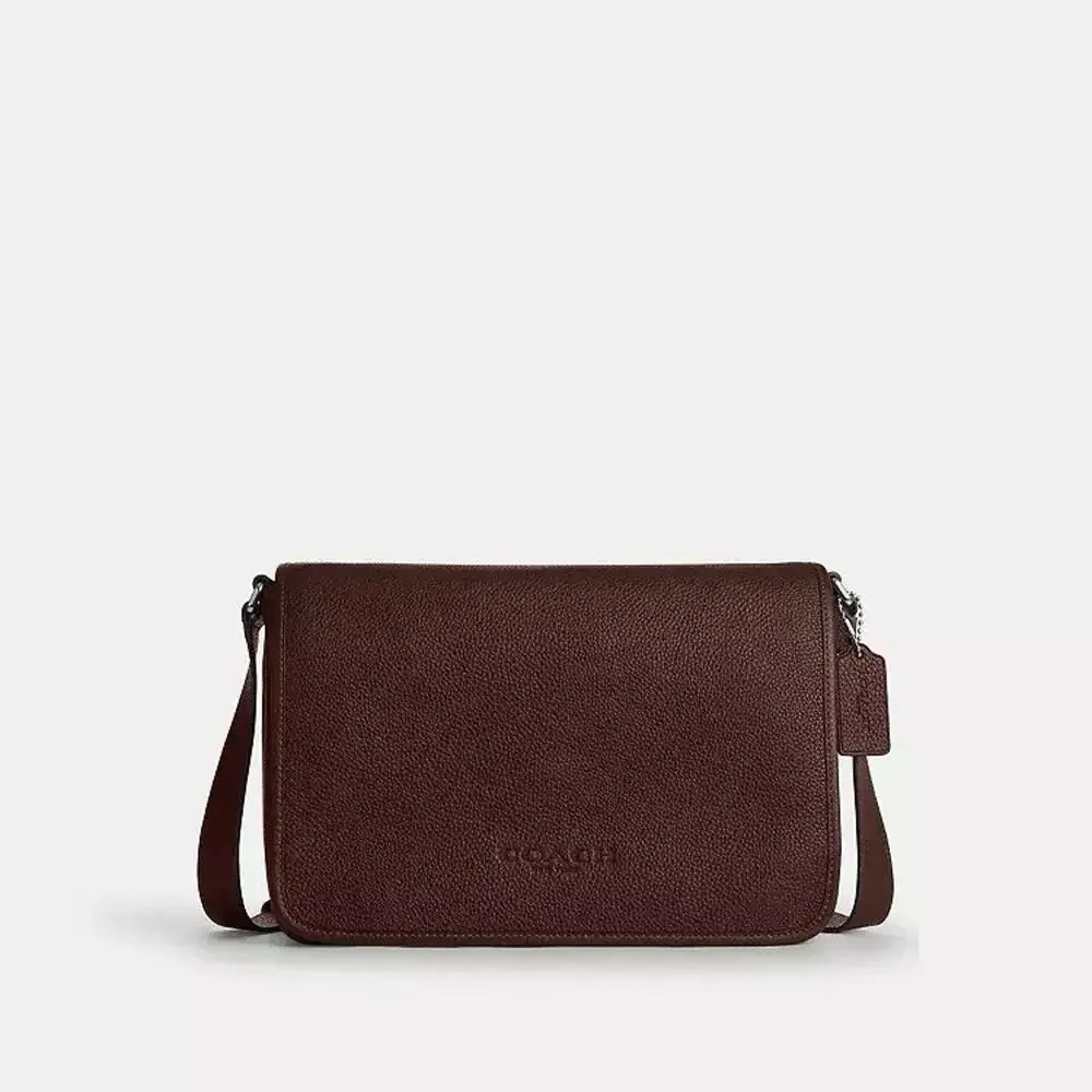 NWT Coach MEN Colby Messenger Bag 32 Refined pebble leather ces18 Silver/Maple